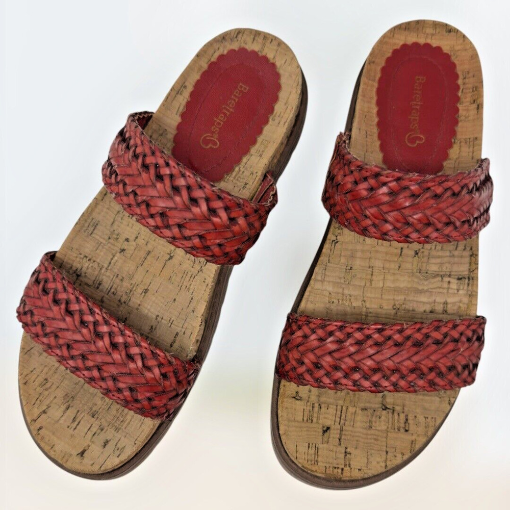 Braided Strap Cork Sandals Baretraps 8.5M Deanne Paprika Red Flat Boho Summer
